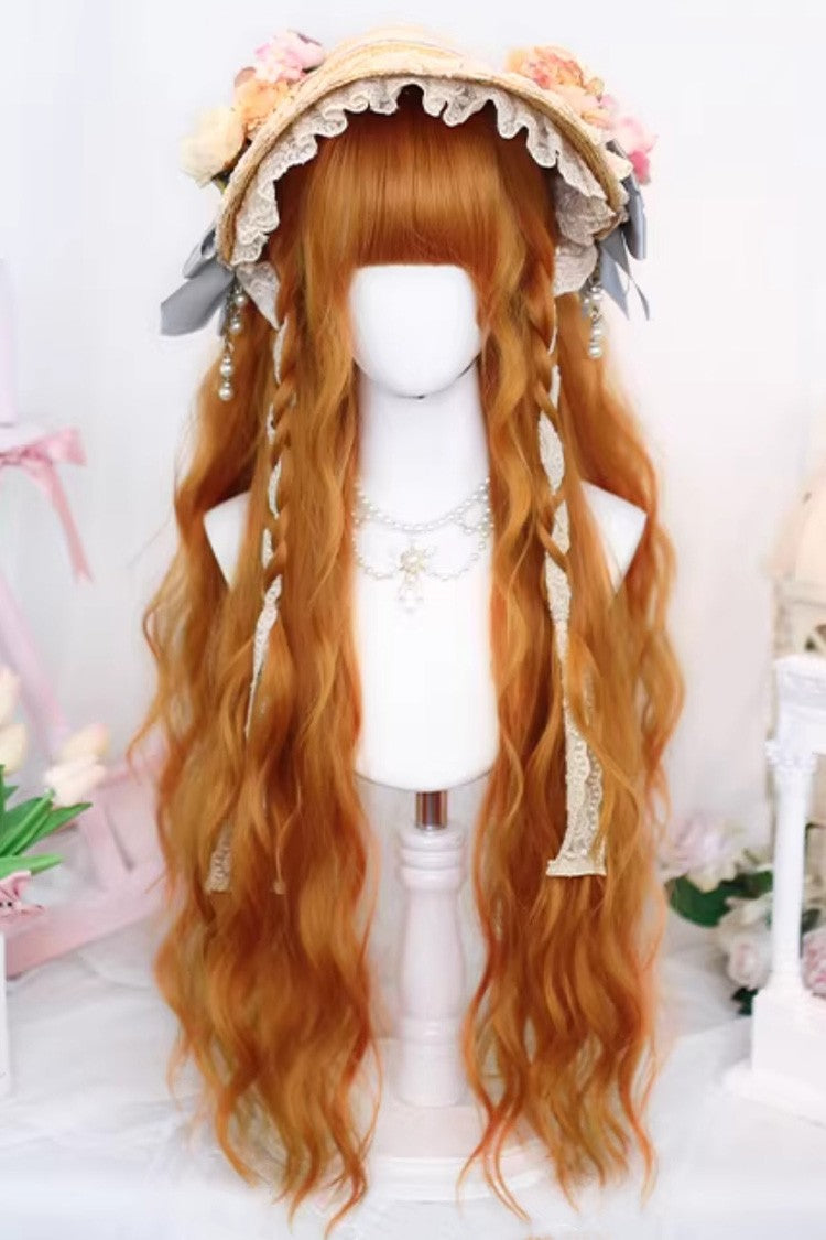 Orange Brown Long Wavy Wig Blunt Bangs Sweet Daily Lolita