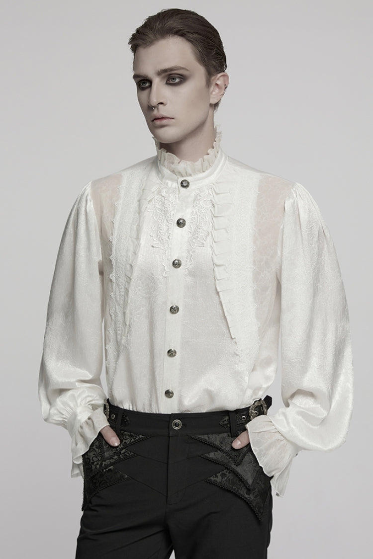White Stand Collar Long Puff Sleeves Jacquard Ruffle Embroidery Men's Gothic Blouse