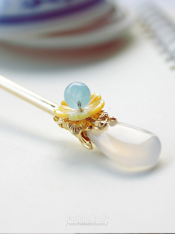 Fashion Hanfu Ancient Chinese Jade Hairpin Classical Agate Shell Flower Hairpin