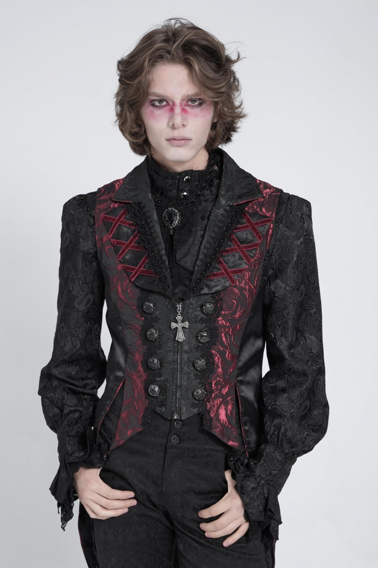 Black/Red Sleeveless Lace-Up Zipper Men's Gothic Swallow-tailed Vest