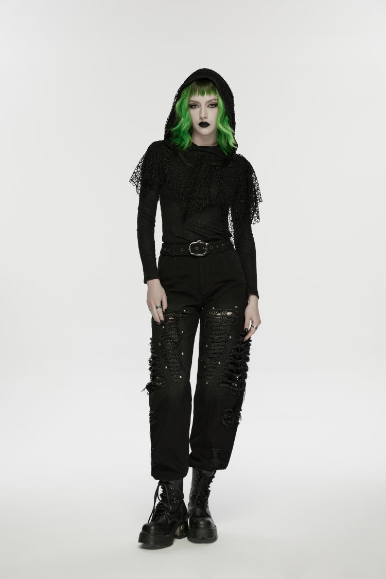 Black Ripped Zippered Eyelet Women's Punk Unedged Decadent Denim Pants
