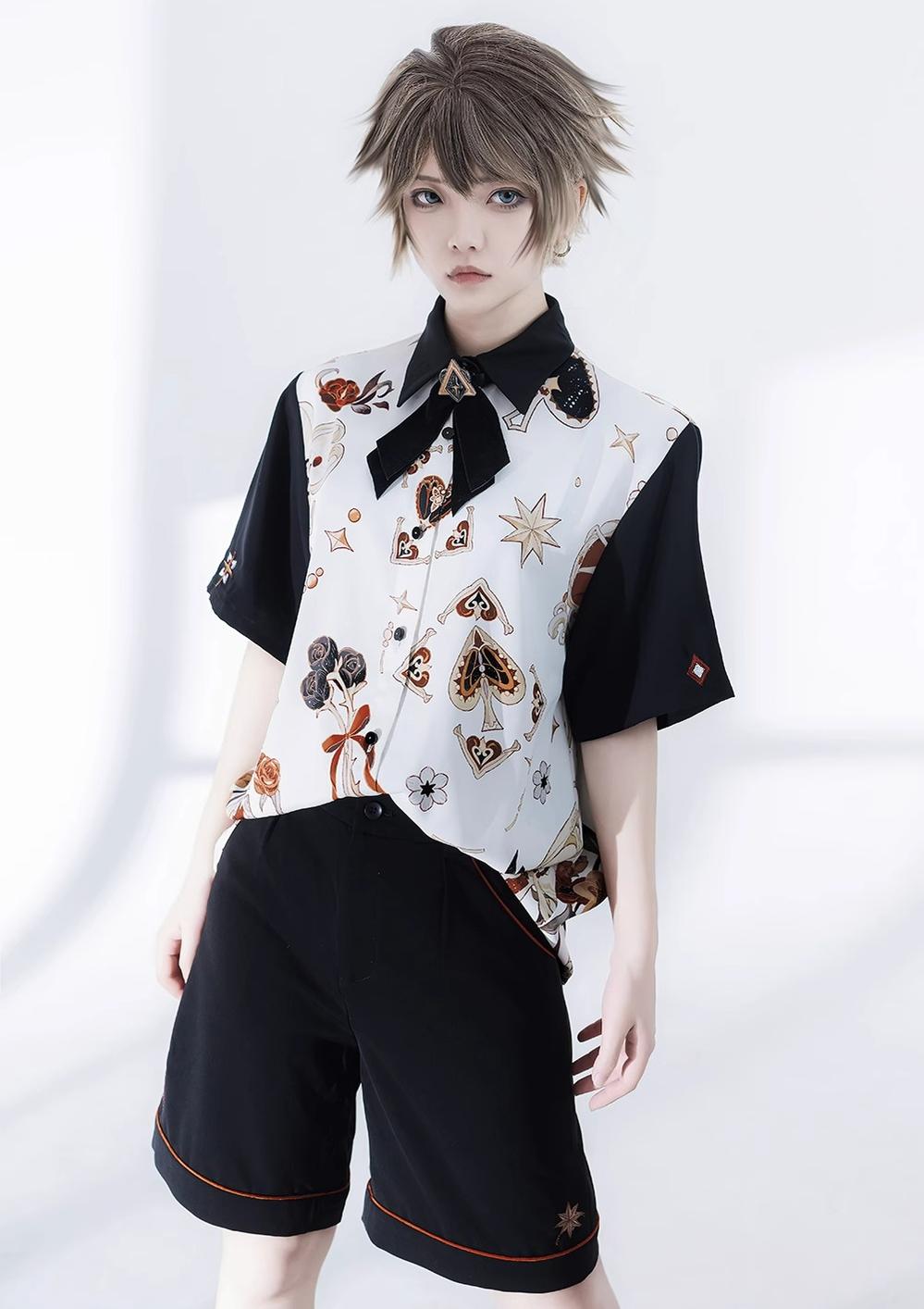 Floral Intoxication - Retro Ouji Lolita Shirt Floral Short Sleeve Shirt and Embroidered Black Shorts