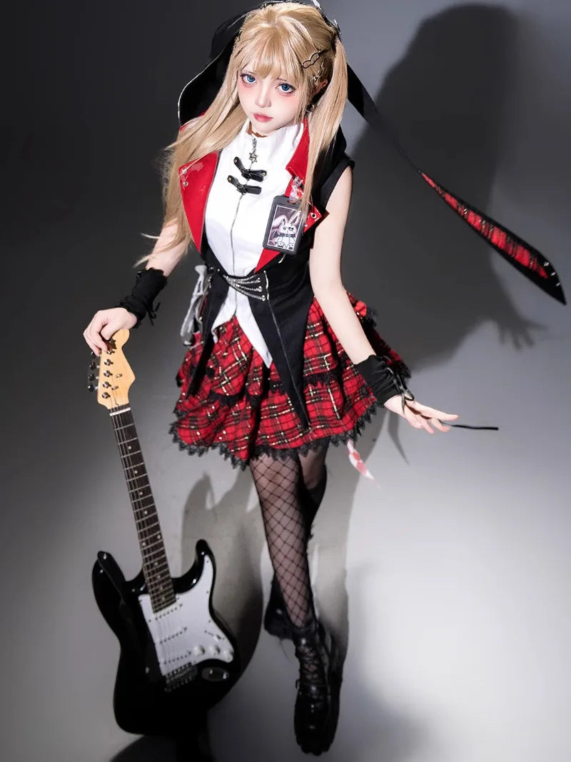 Dark punk goth dress dresses with rock bunny top and flared skirt for alternative lolita fashion