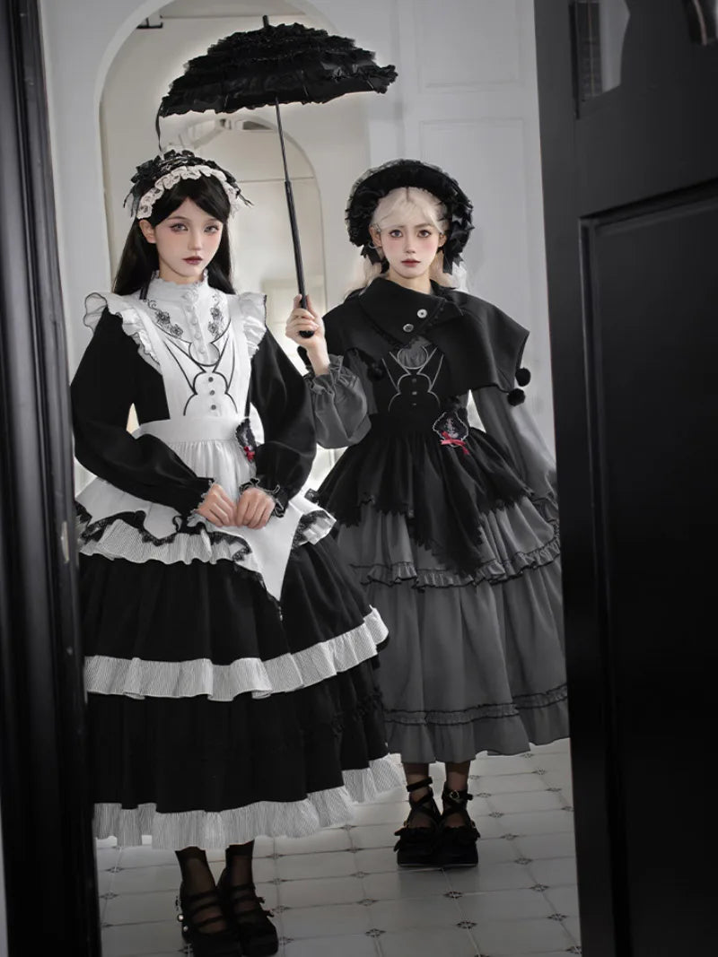 Goth Lolita triple-layer embroidered OP dress in dark autumn style, perfect for elegant daily wear and cosplay