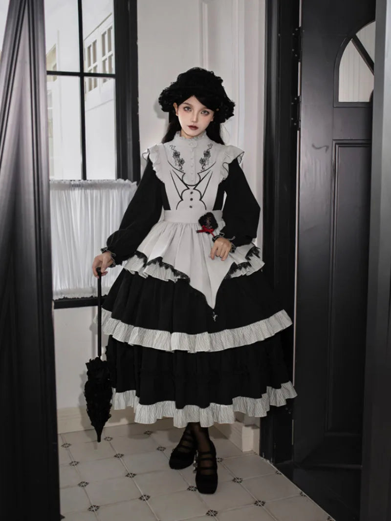 Goth Lolita triple-layer embroidered OP dress in dark autumn style, perfect for elegant daily wear and cosplay