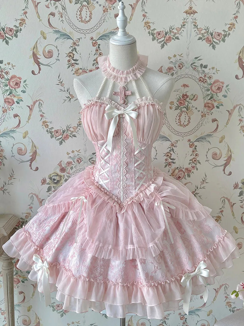 Original Gothic Lolita halter dress featuring ballet-inspired doll style, unique design, and elegant Lolita silhouette.