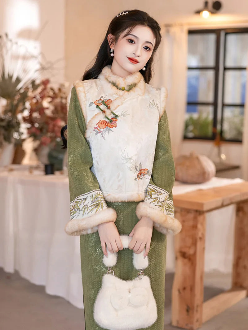 Green winter qipao with thickened fleece lining and modern vest set for warm and elegant seasonal wear