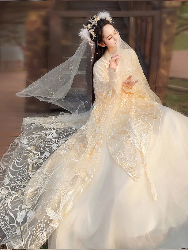 Elegant Han Dynasty hanfu for women with cross-collar, flowing wide sleeves, and graceful traditional Chinese design