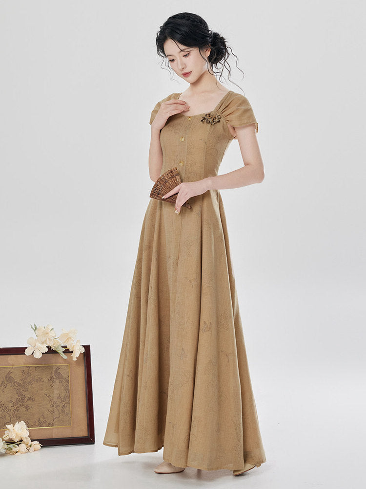 Chinese-Inspired Square Neck Maxi Dress with Floral Print