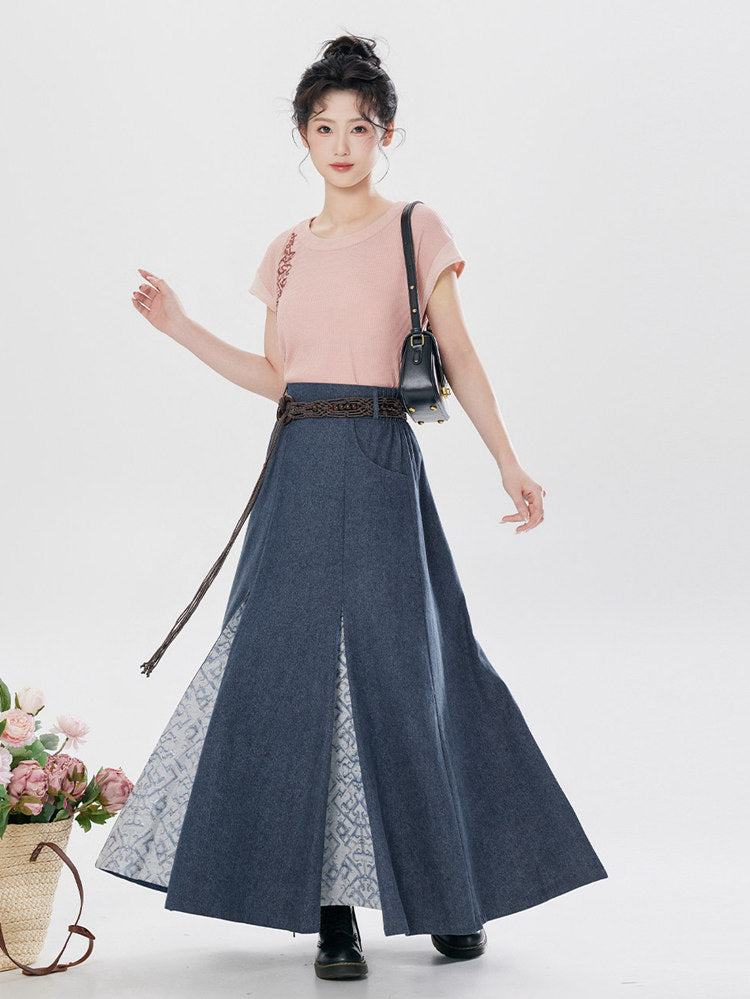 Chinese-Inspired Pleated Denim Maxi Skirt Set