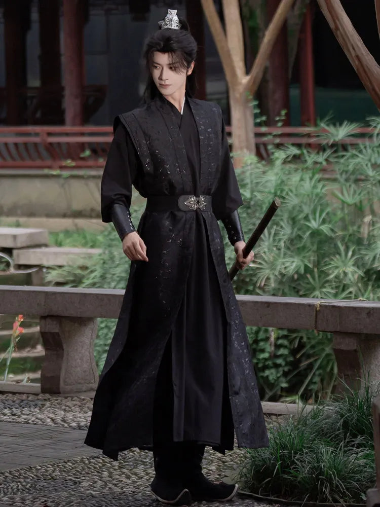 Black Wuxia Hanfu Robe – Unisex Jacquard Martial Arts Costume
