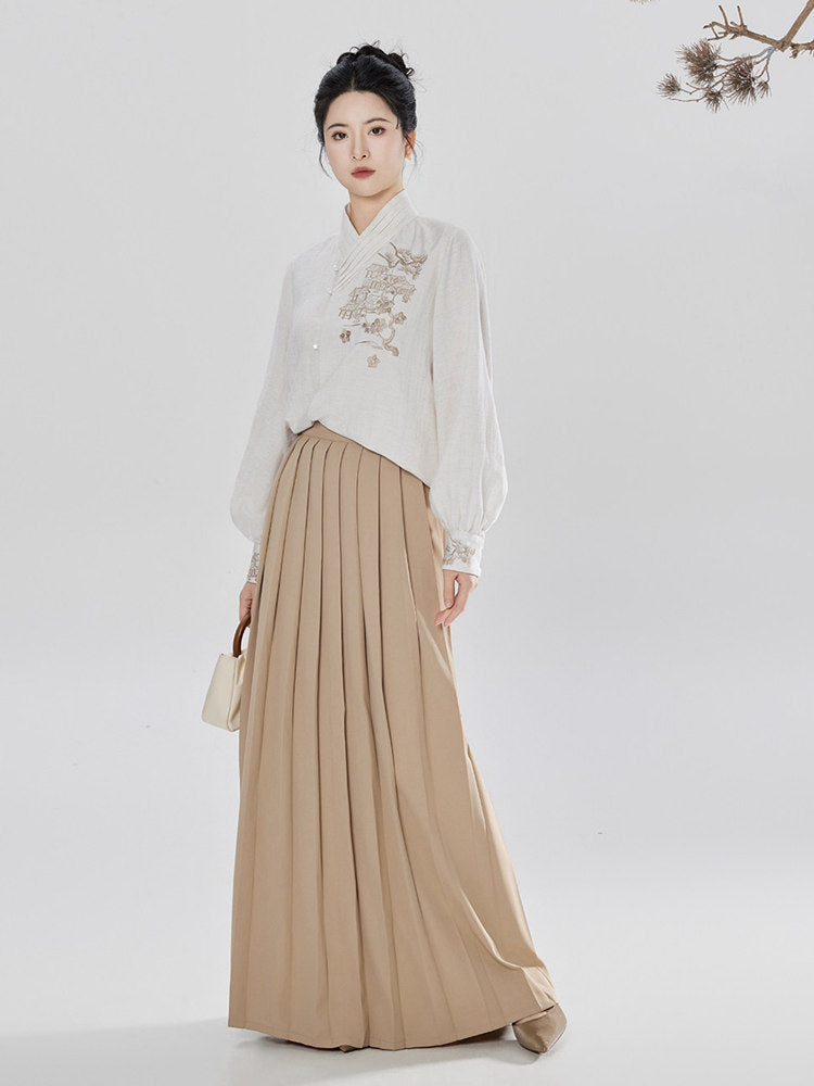 Embroidered Lyocell Shirt with Matching Skirt & Wide-Leg Pants