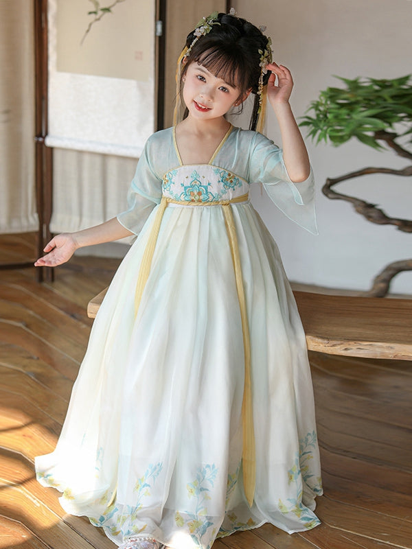 Hanfu Dress for Girls – Embroidered Floral Design