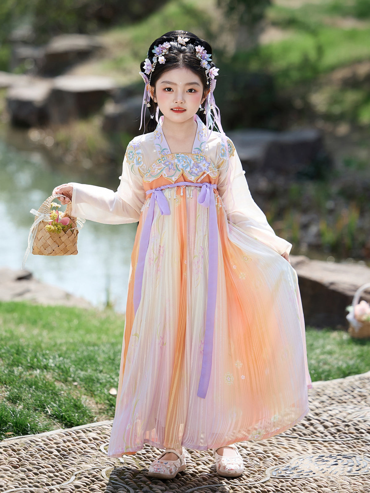 Girls Traditional Chinese Dress with Embroidered Cuffs