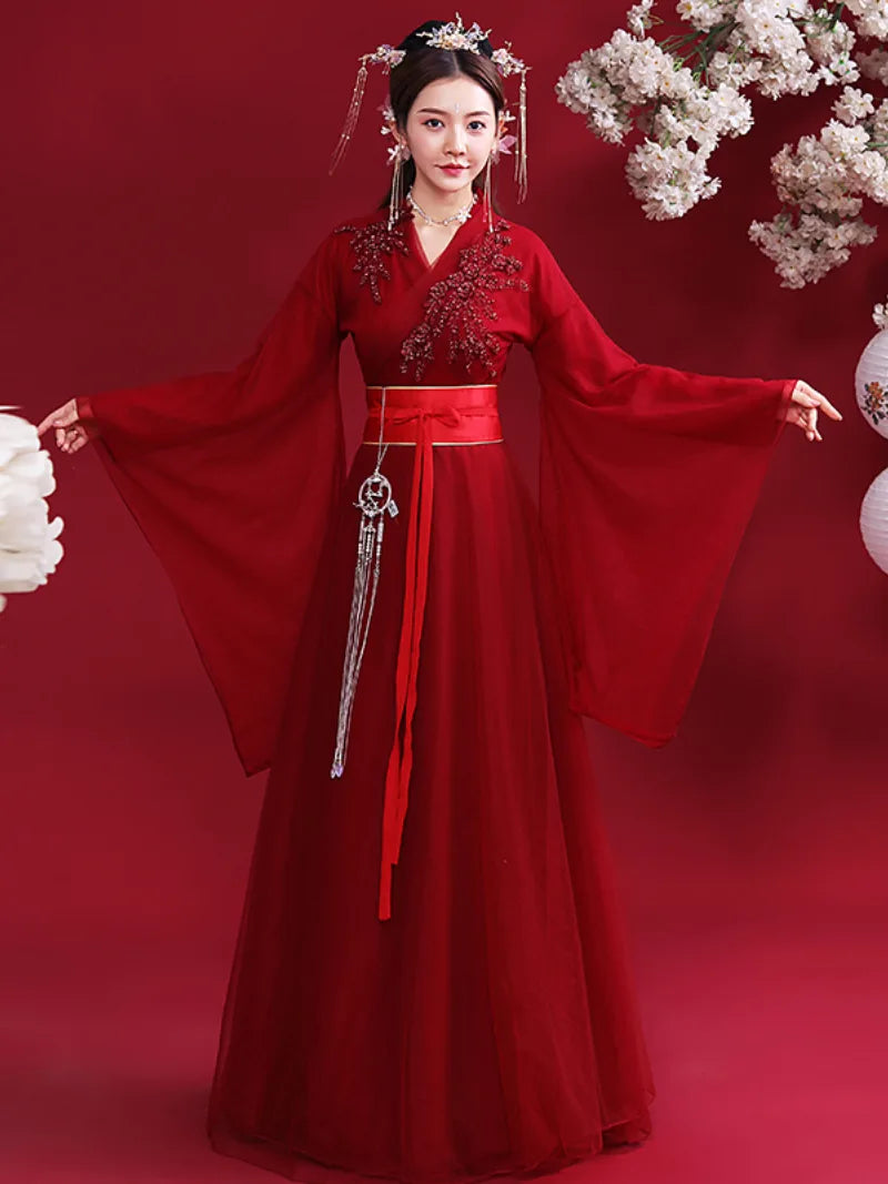 Elegant Hanfu red traditional Chinese dress for women with flowing fairy-like design for festivals and performances
