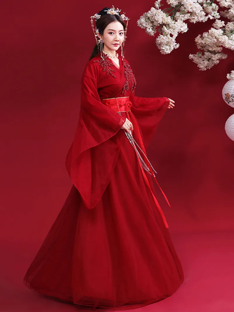 Elegant Hanfu red traditional Chinese dress for women with flowing fairy-like design for festivals and performances