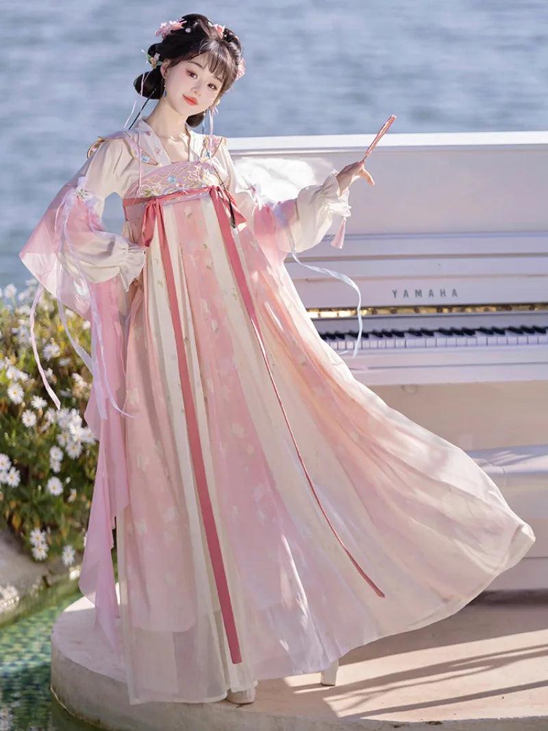 Hanfu story Tang style qi chest dress with soft embroidery and fairy spring colors
