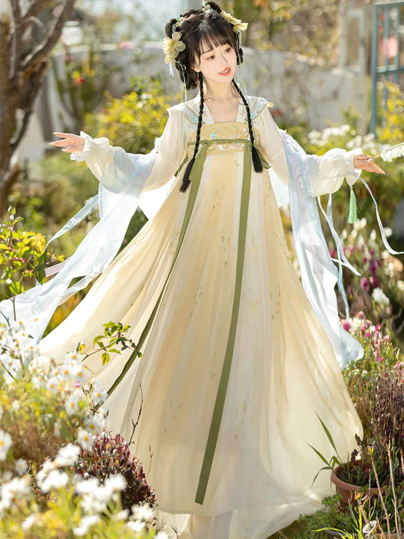 Hanfu story Tang style qi chest dress with soft embroidery and fairy spring colors