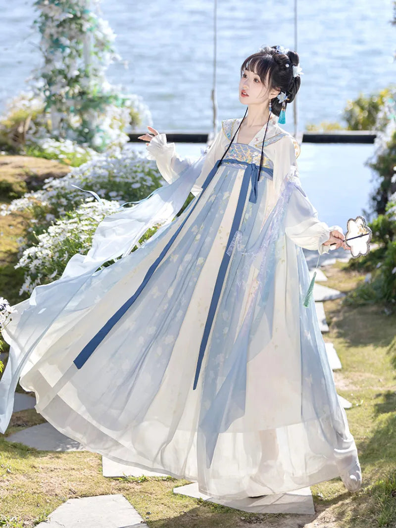 Hanfu story Tang style qi chest dress with soft embroidery and fairy spring colors