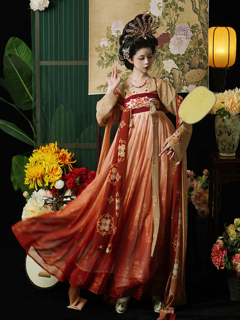 Elegant hanfu tang with restored chest-high skirt and flowing wide sleeves for spring and summer wear.