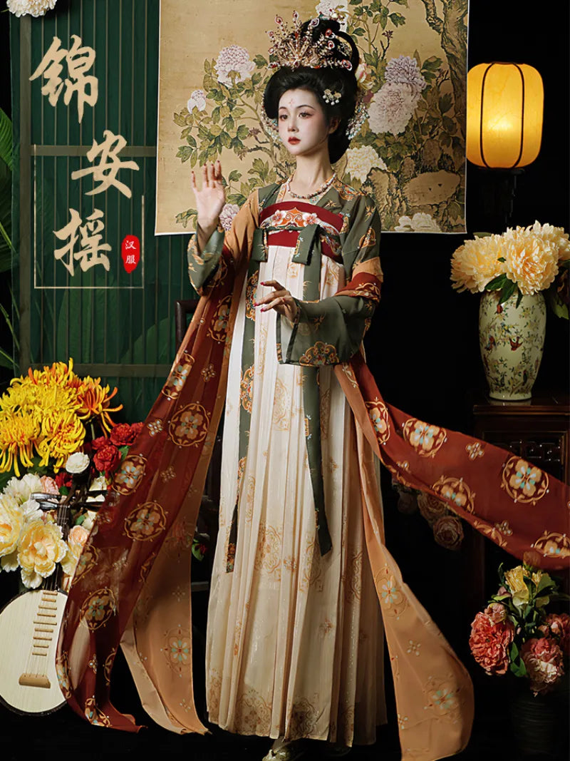 Elegant hanfu tang with restored chest-high skirt and flowing wide sleeves for spring and summer wear.
