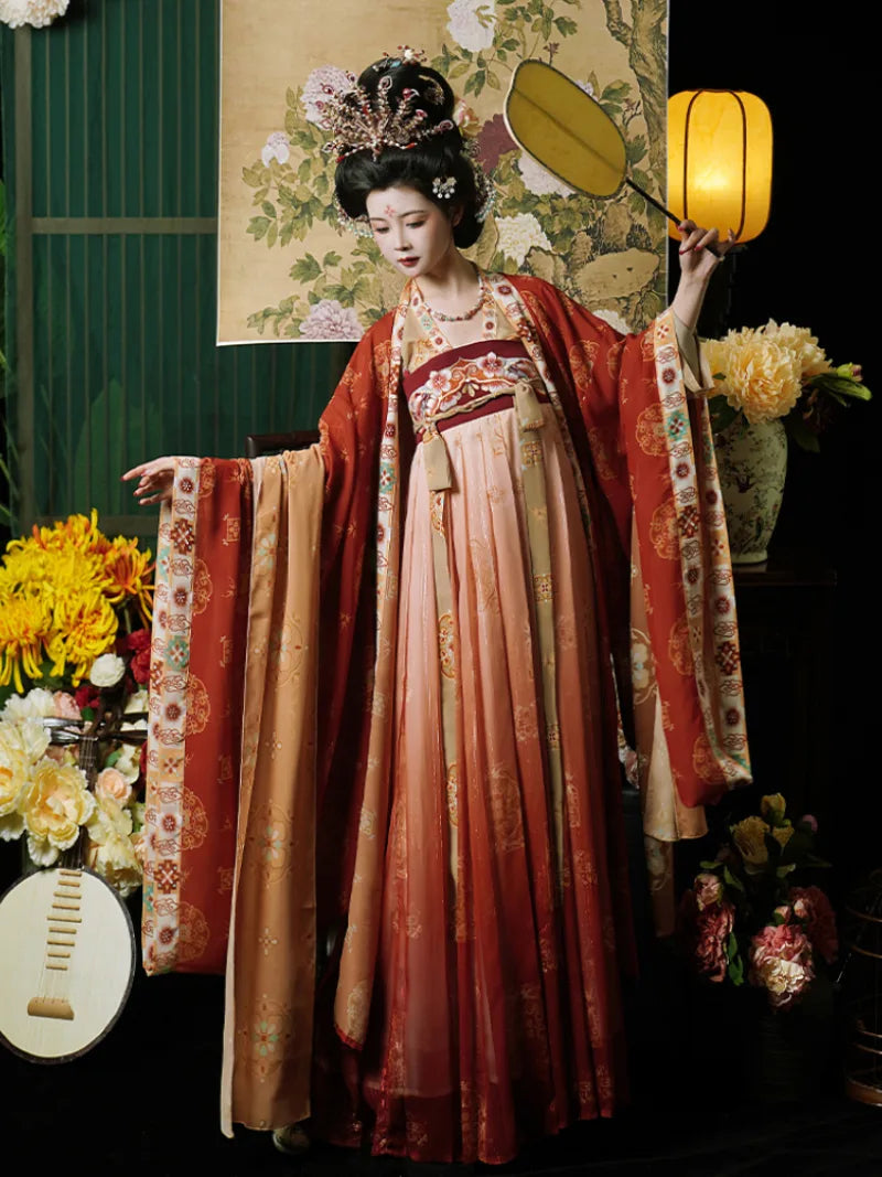 Elegant hanfu tang with restored chest-high skirt and flowing wide sleeves for spring and summer wear.
