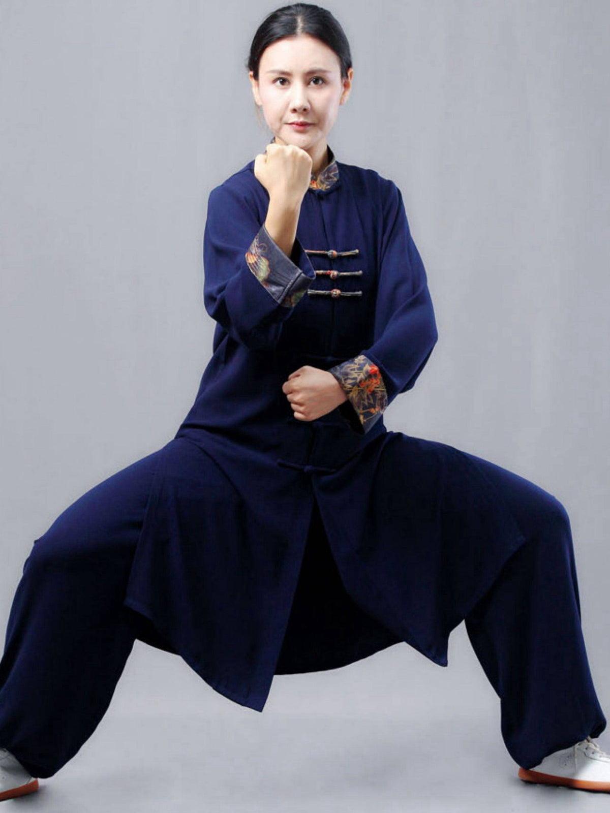 Silk Linen Tai Chi Suit – Unisex Navy Long Custom Set