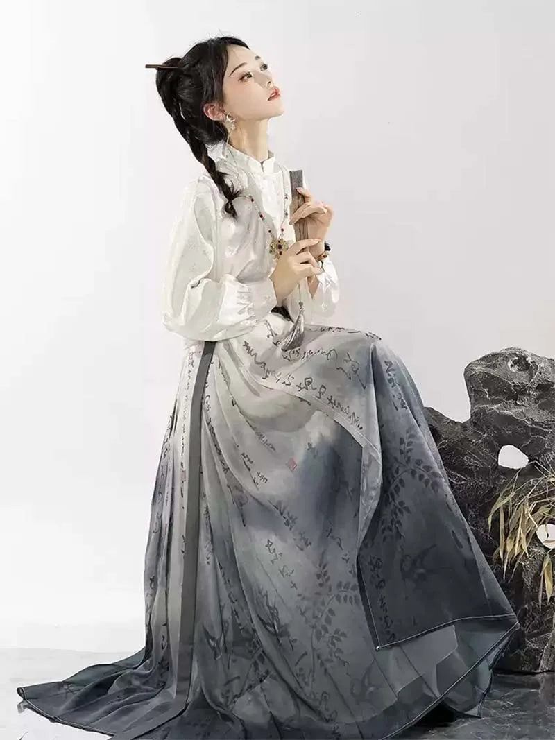 Horse Face Skirt modern Chinese Hanfu half skirt set with calligraphy print, elegant and stylish