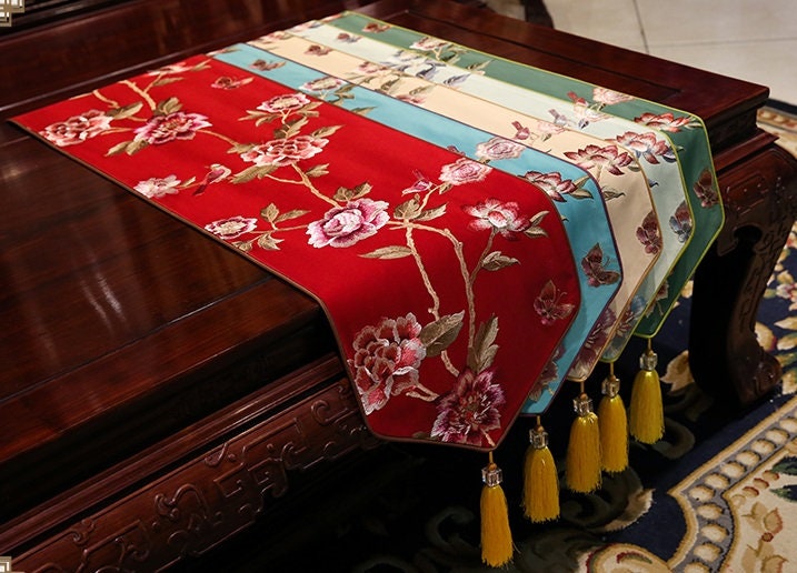 Oriental Floral Embroidered Satin Table Runners with Tassel