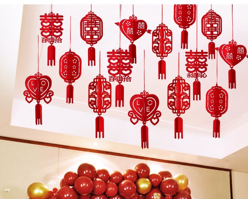 3D Double Happiness Felt Lanterns (Set of 6)