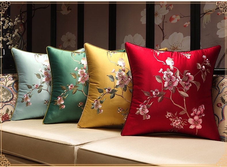 Oriental Embroidered Floral Satin Cushion Covers | Plum Blossom