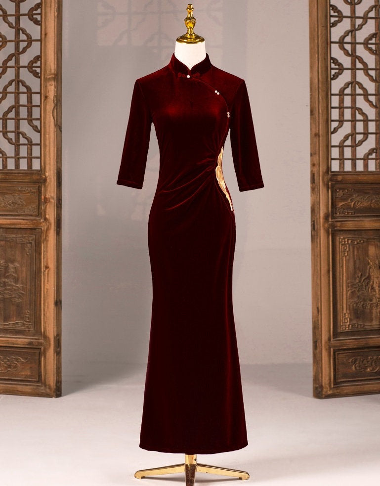 Wine Red Velvet Mermaid Cheongsam Qipao Dress