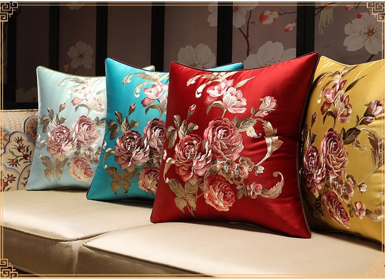 Oriental Floral Embroidered Satin Cushion Covers | Peony