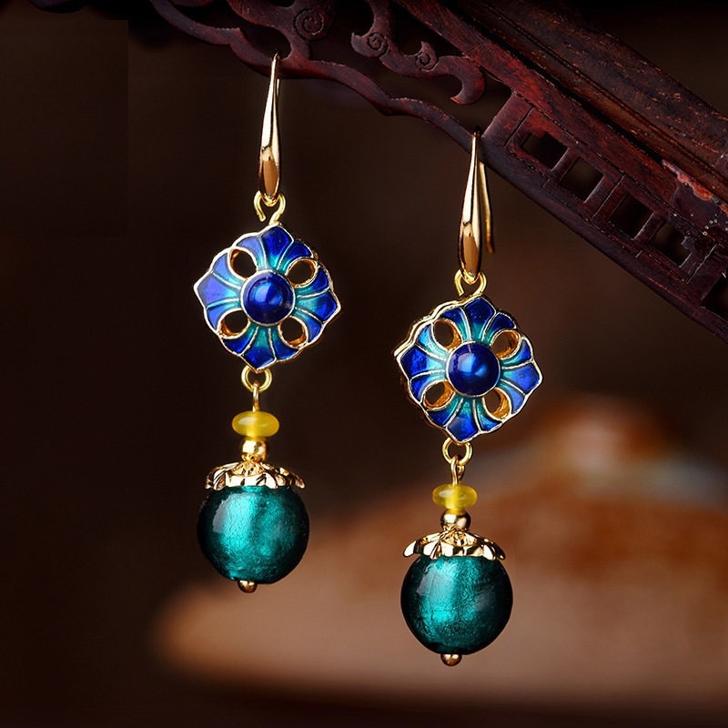 Blue Beads Yellow Agate with Cloisonne Drop Earrings