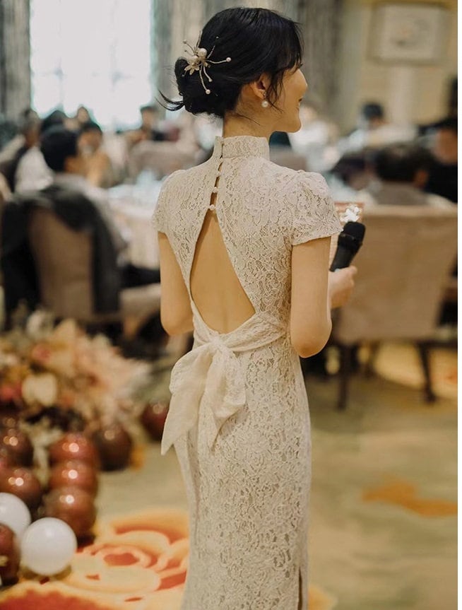Off White Lace Open Back Cheongsam Qipao Dress