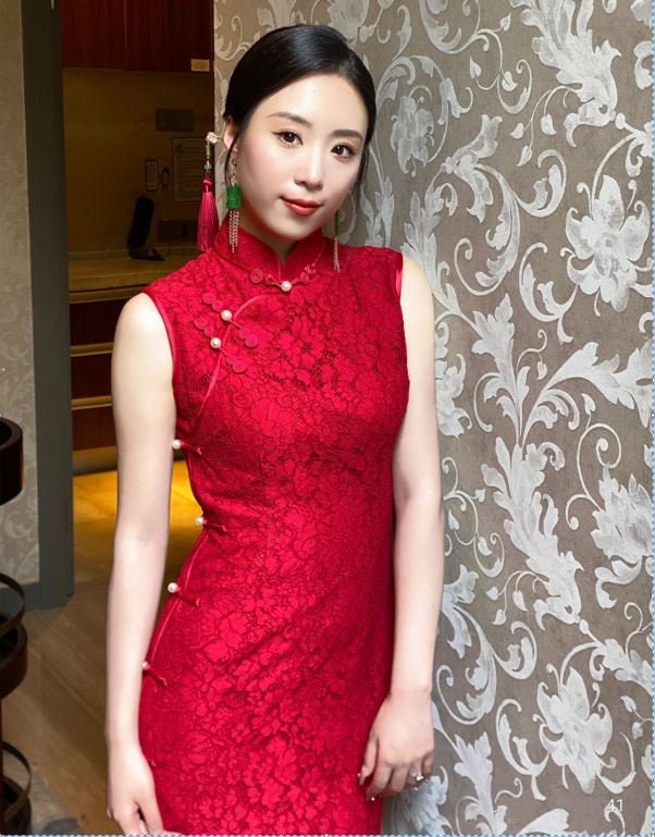 Red Sleeveless Cheongsam Qipao Dress
