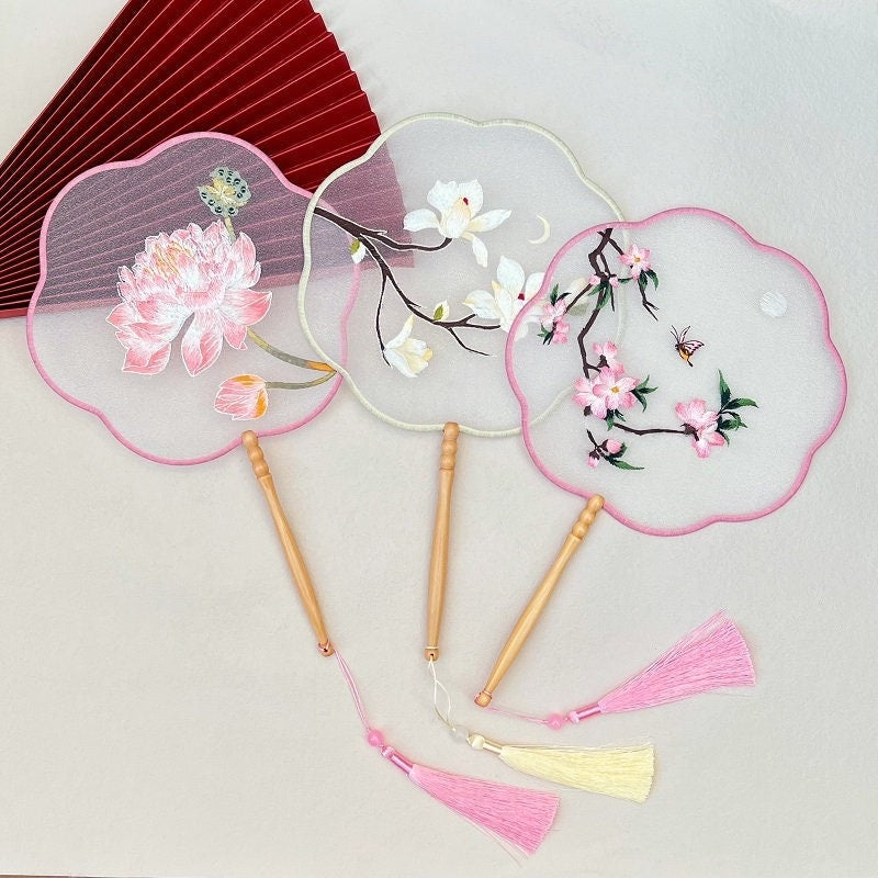 Oriental Floral Silk Round Hand Fan