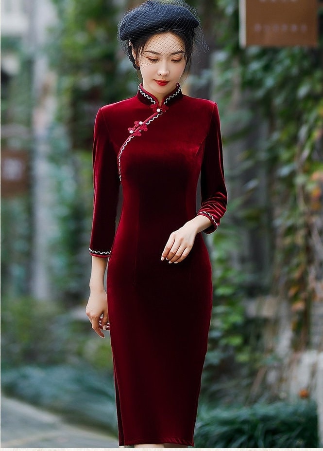 Long Sleeves Velvet Cheongsam Qipao Dress