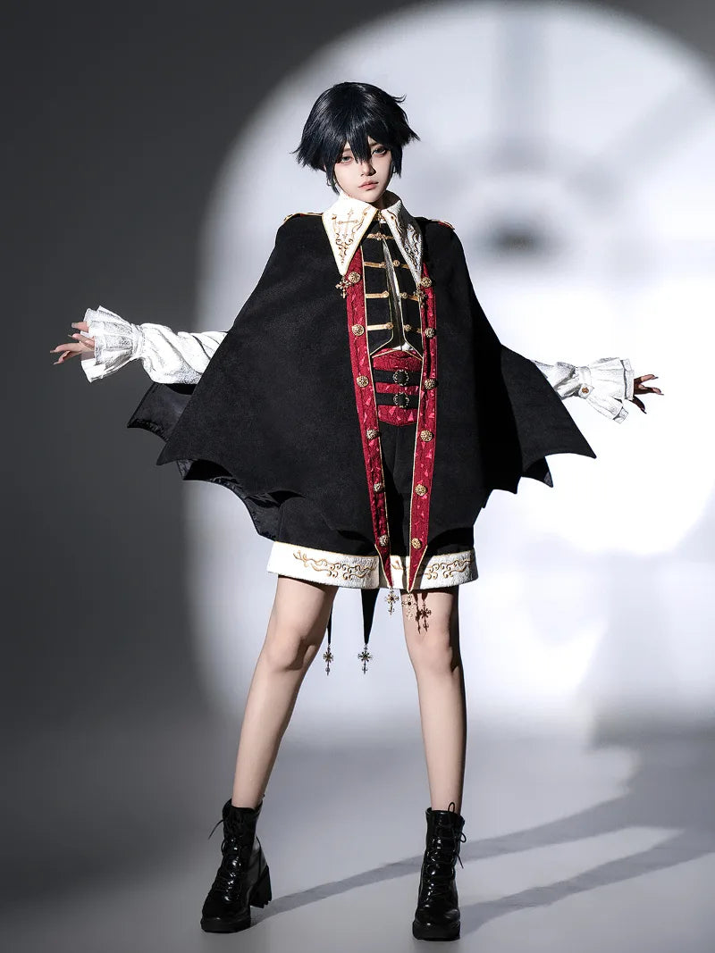 Original vampire-style Lolita outfit with gothic cape, shirt, and shorts for an elegant dark prince look
