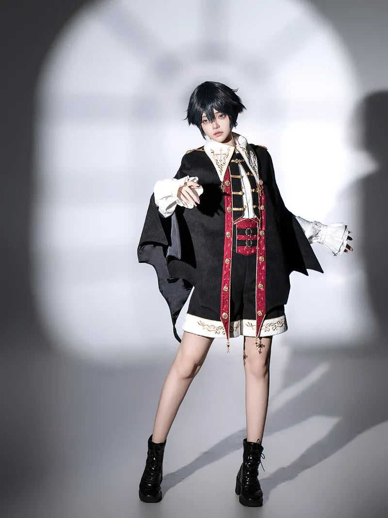 Original vampire-style Lolita outfit with gothic cape, shirt, and shorts for an elegant dark prince look