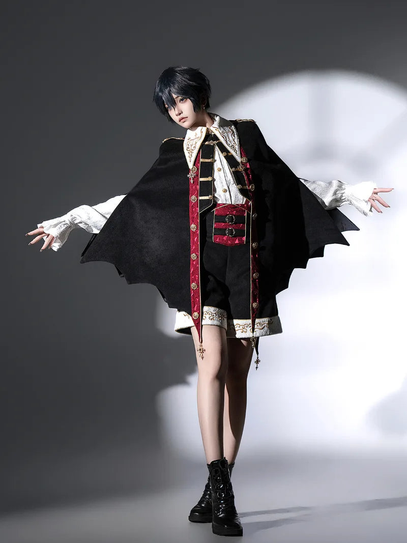 Original vampire-style Lolita outfit with gothic cape, shirt, and shorts for an elegant dark prince look