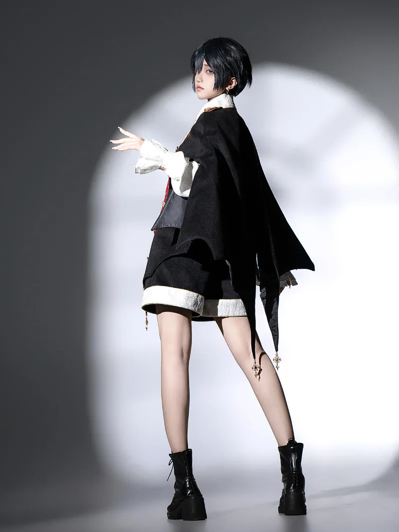 Original vampire-style Lolita outfit with gothic cape, shirt, and shorts for an elegant dark prince look