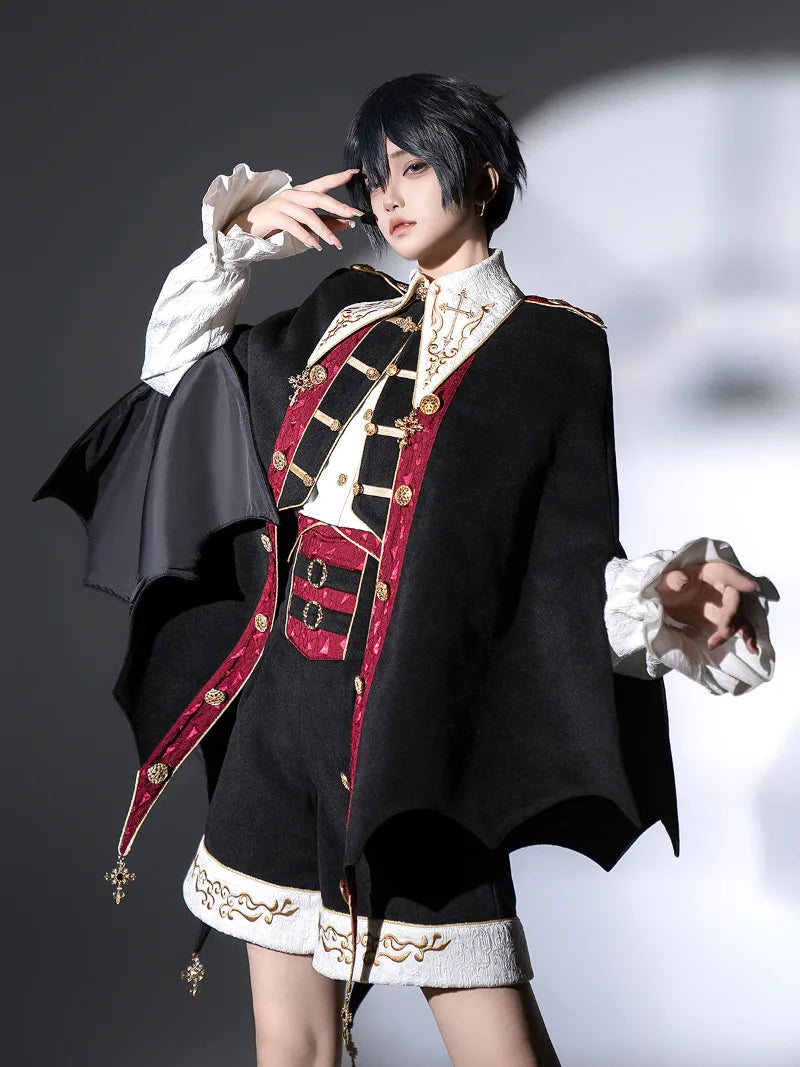Original vampire-style Lolita outfit with gothic cape, shirt, and shorts for an elegant dark prince look