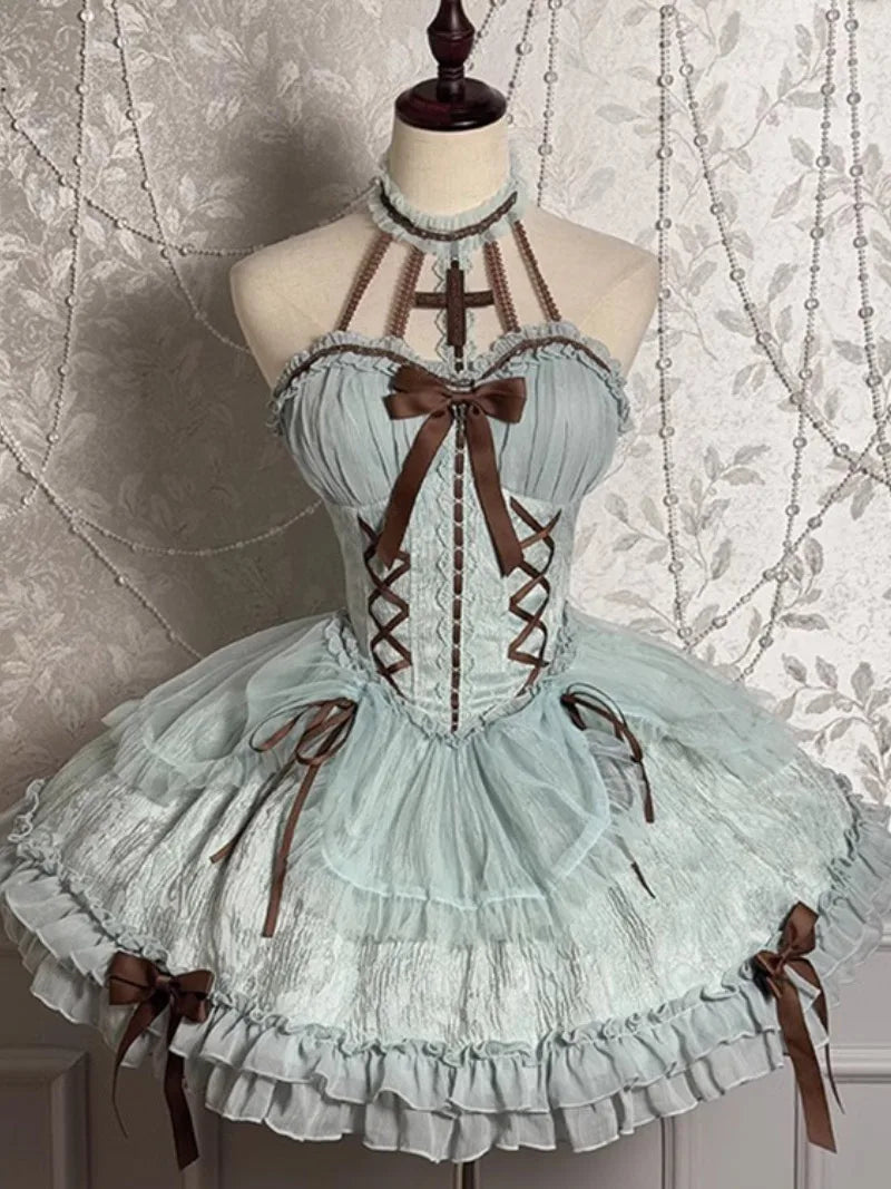 Original Lolita Gothic halter dress with cross accents and layered gothic silhouette