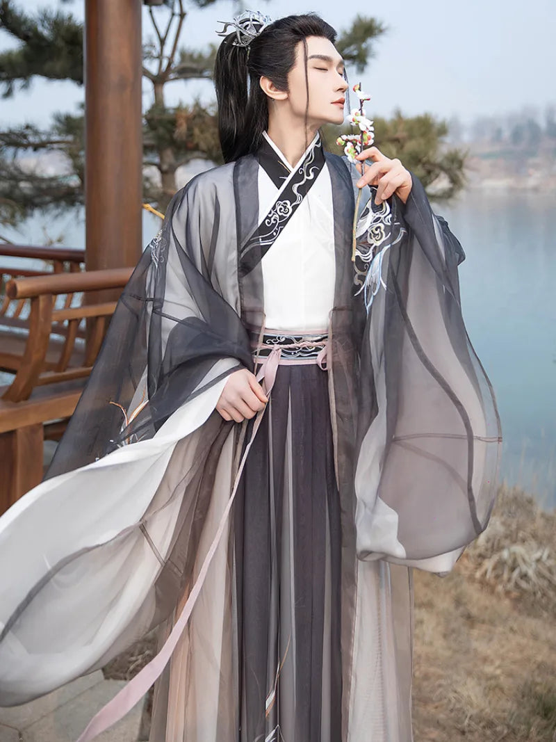 Male hanfu knight outfit with cross-collar top and flowing skirt in traditional Chinese style