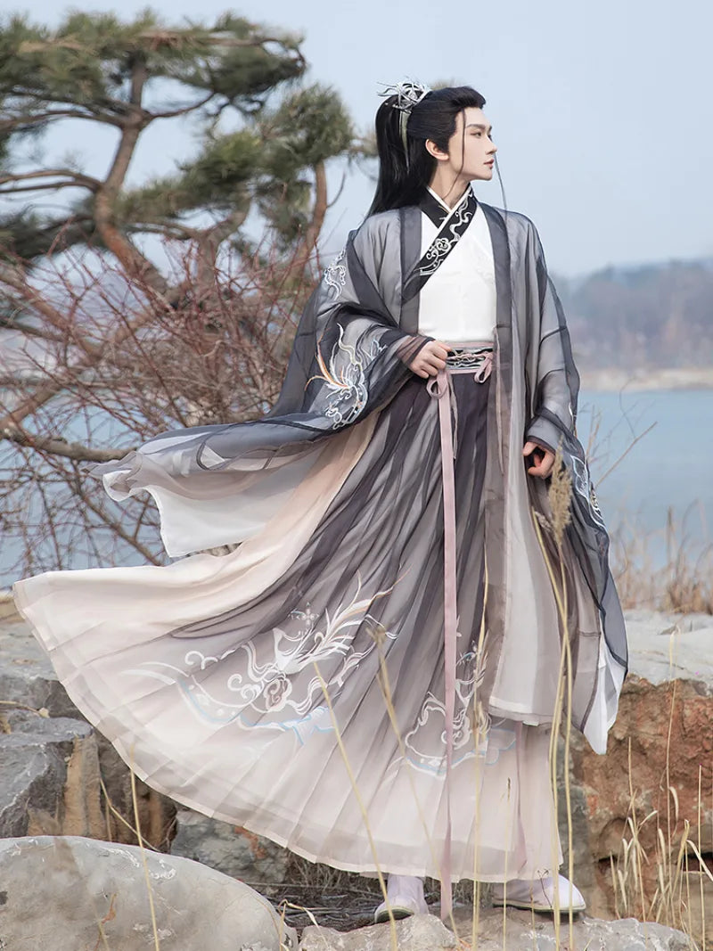Male hanfu knight outfit with cross-collar top and flowing skirt in traditional Chinese style