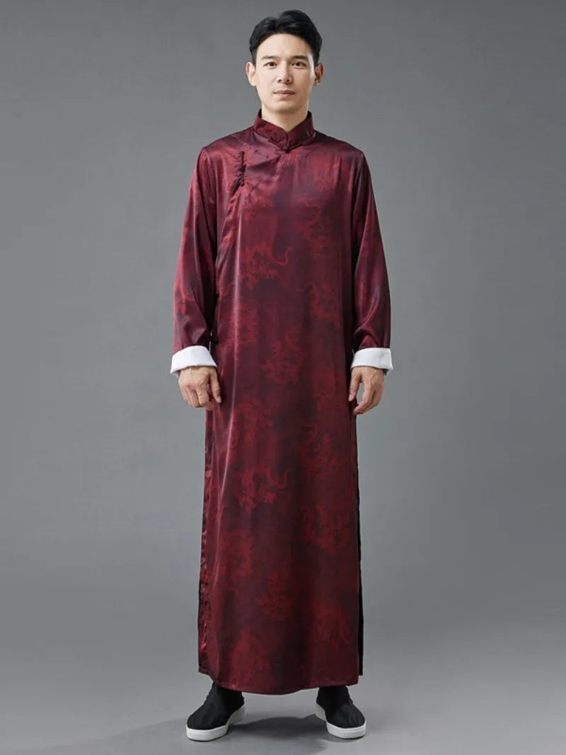 Male qipao with dragon print, silk satin long robe, loose traditional Chinese style