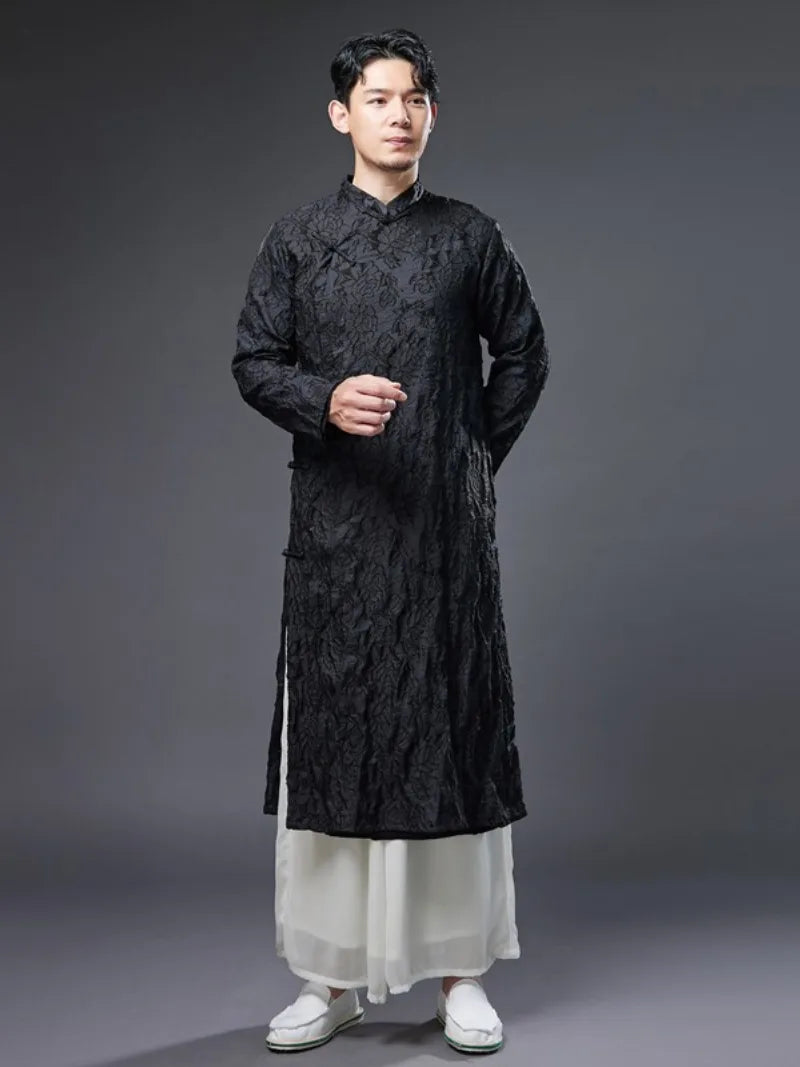 Men qipao with vintage Chinese stand collar and printed long robe design