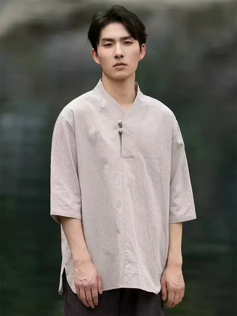 Men's Tang Suit summer short sleeve linen-cotton shirt with V-neck and traditional Chinese frog buttons