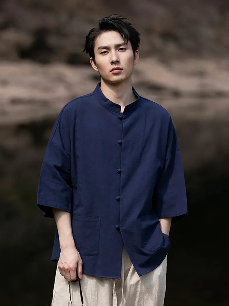 Mens Tang suit top linen Chinese shirt with 3/4 sleeves, casual lightweight summer top for men